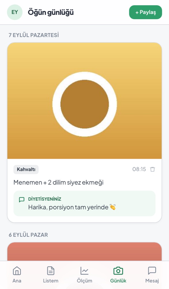 DiyetPano danışan uygulaması — Öğün günlüğü: Fotoğraf paylaşımı ve diyetisyen yorumu