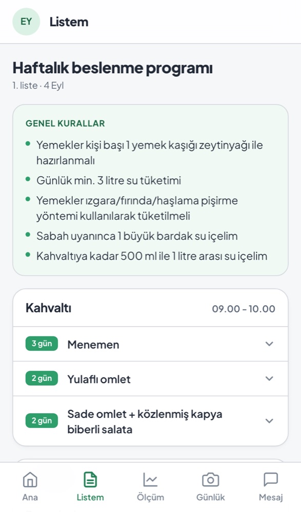 DiyetPano danışan uygulaması — Listem: Haftalık program, seçenekler ve tarifler